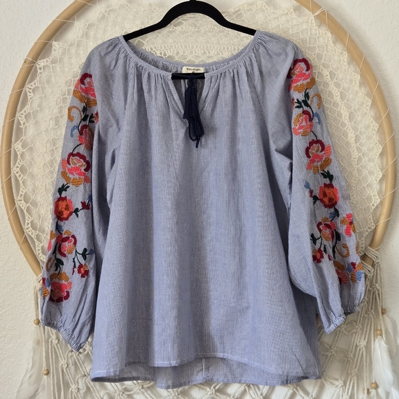 NWT World Market Boho Embroidered Floral Sleeve Blouse - Blue Stripe Size L/XL - Picture 8 of 8